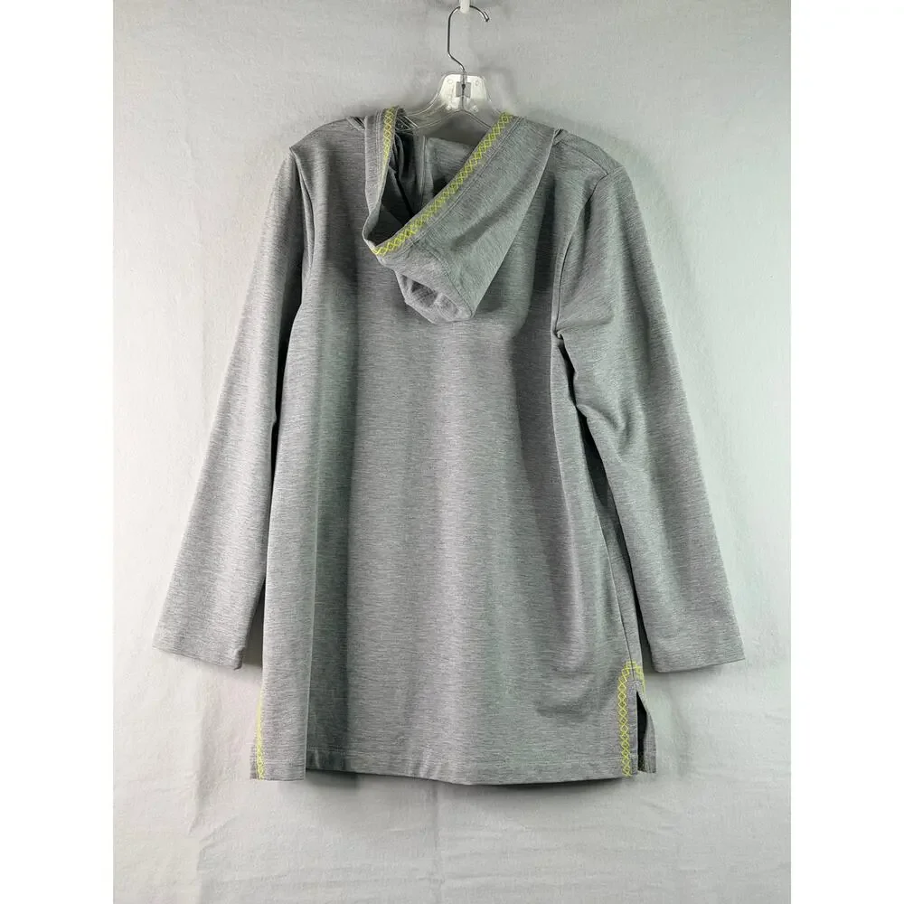 J. Jill Fit Long Sleeve Hoodie Embroidered Pullover Knit Tunic Gray Yellow Med